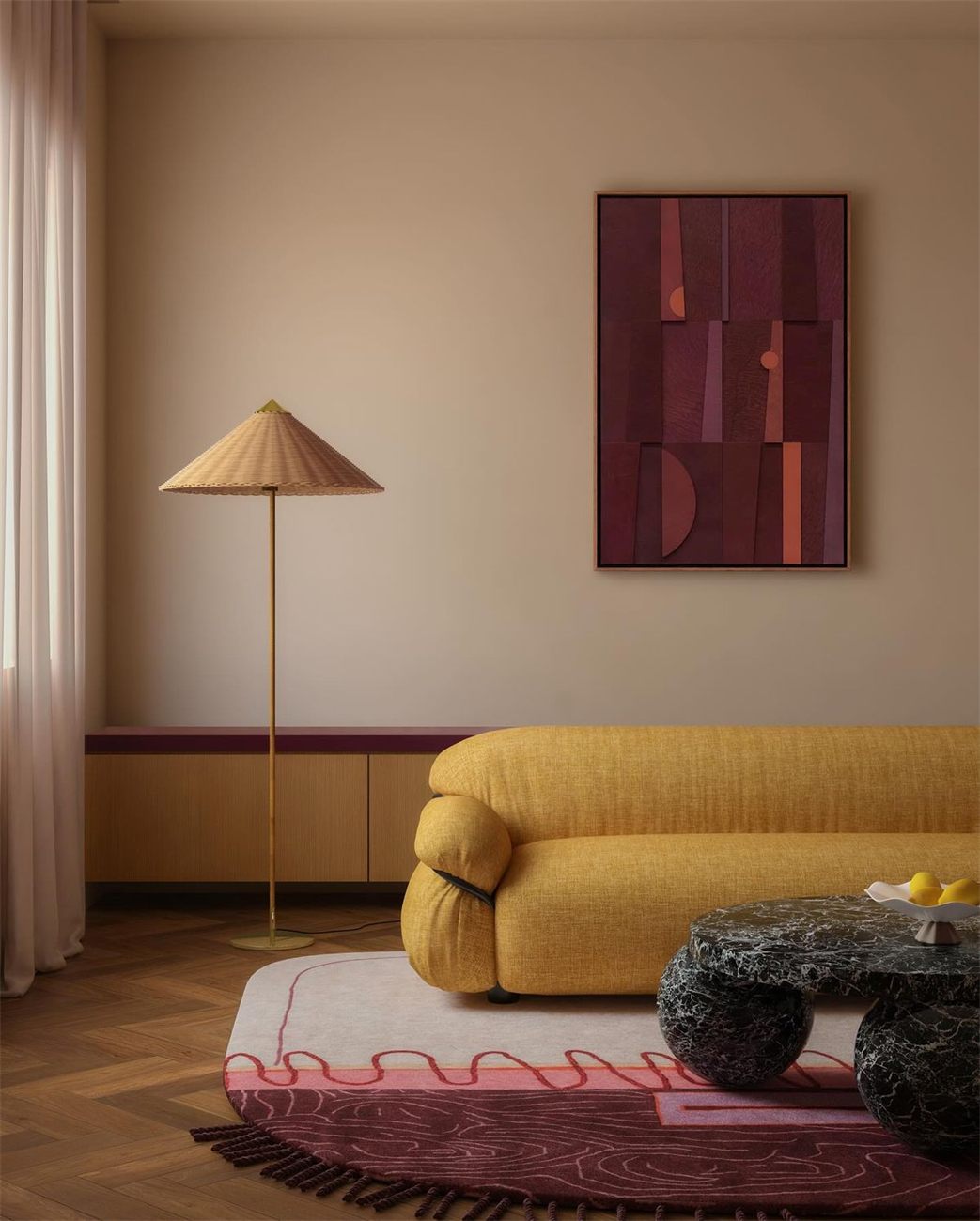Warm minimalist interior with a yellow sofa
