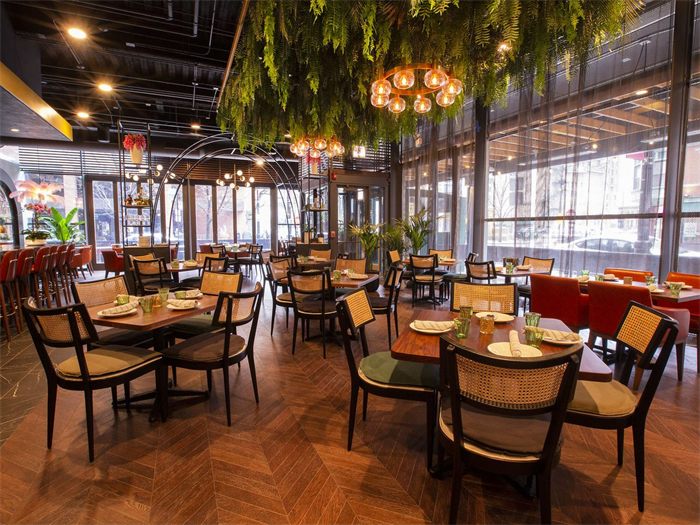 Dining room with hanging greenery