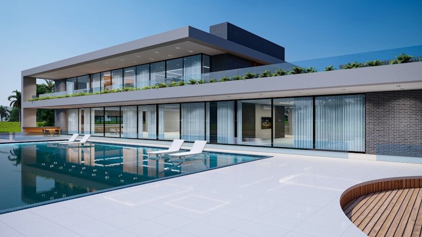 Contemporary villa exterior with pool