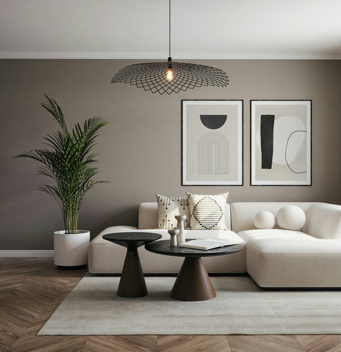 Neutral living room with pendant light