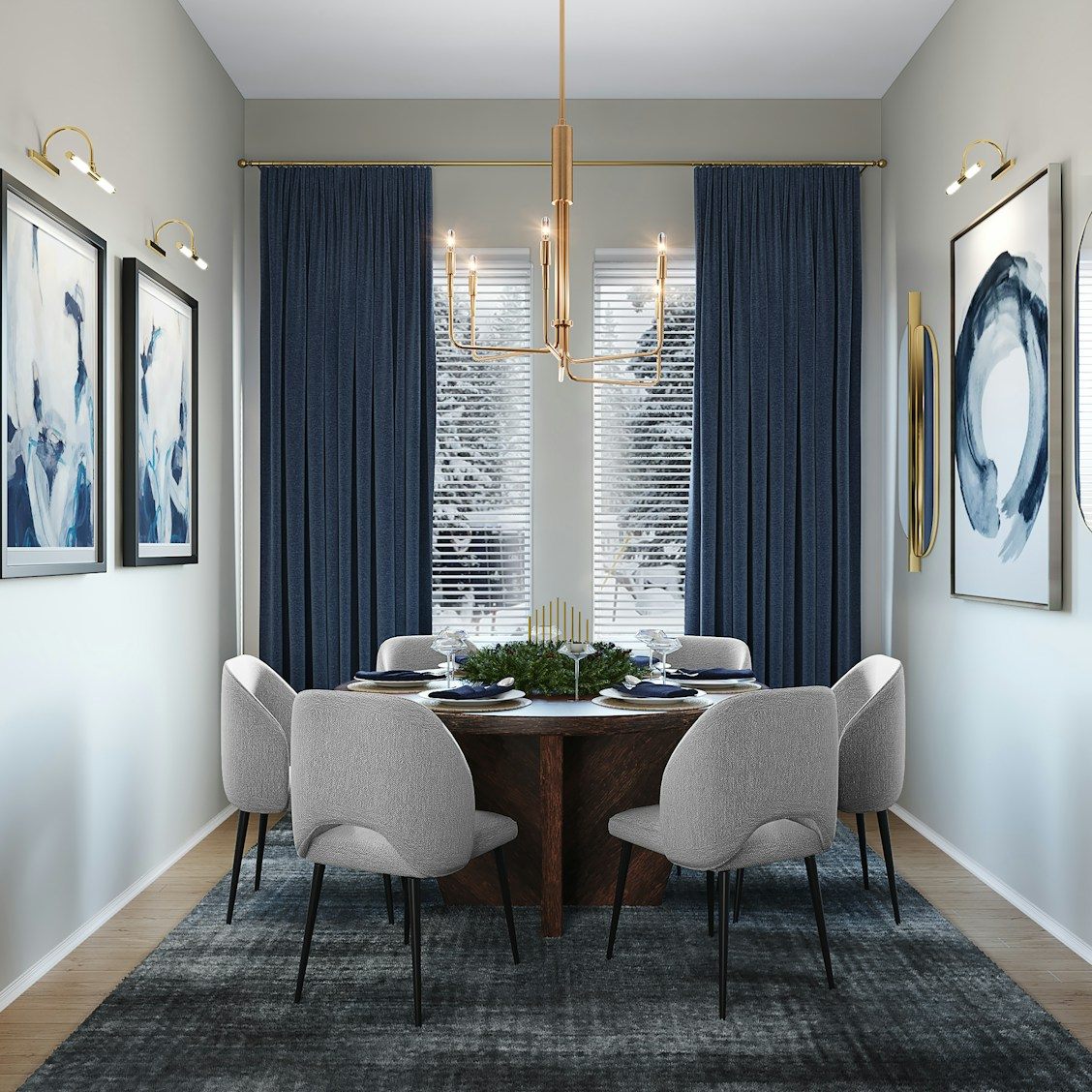 Dining room with navy drapery