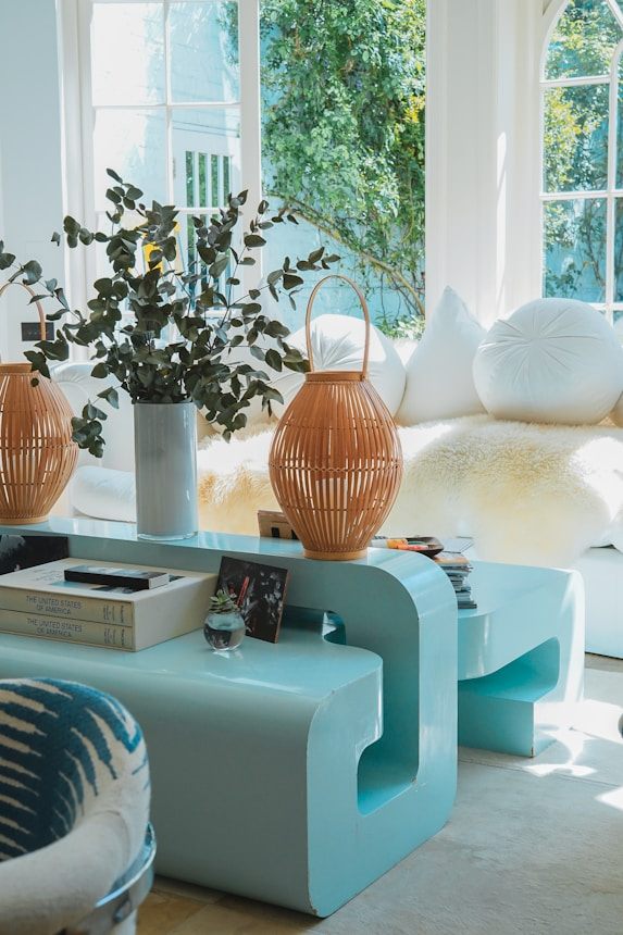Sculptural console with rattan vases